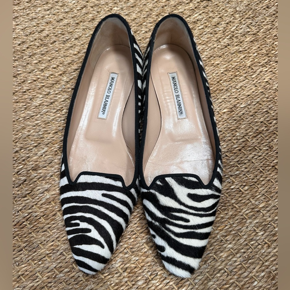 Manolo Blahnik calfskin zebra print ballet style flats